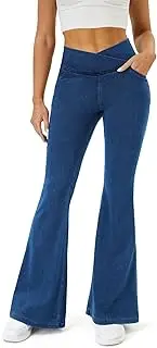 [COPYLEAF] Bell Bottom Jeans for Women Trendy High Waisted Crossover Stretchy Jeans Flare Leggings with Pockets Y2k Jeggings, Medium Wash, M