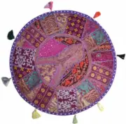Indian Round Patchwork Embroidered Ottoman Cushion Cover
