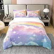 Feelyou Pink Sky Cotton Duvet Cover Set King Size for Kids Boys Girls Cute Cloud and Rainbow Comforter Cover Set Kawaii Duvet Cover Bedspread Cover Bedding Collection,No Stuffing