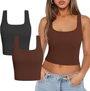 [MAYROUND] 2 Pack Crop Tank Tops for Women Square Neck Basic Ribbed Seamless Sports Sleeveless Shirts Exercise Yoga Gym Tops