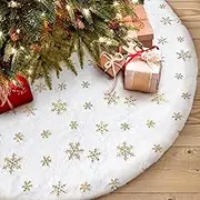 Christmas Tree Skirt 48 Inch Luxury Faux Fur Tree Skirt Mat with Sequin Snowflakes Large Super Soft Thick Plush for Xmas Tree Decoration Xmas New Year Home Party Decor Indoor (Golden Snowflake)
