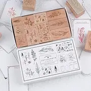 RisyPisy 10pcs Wooden Stamps, Flower Rubber Stamps & 12 Sheets Border Style Card for Card Making, Clay Art, Scrapbooking, Letter, Journaling Supplies