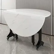 100cm Mobile Round Folding Dining Table, Modern Extendable Dining Table with 6 Wheels, Sturdy Metal Frame, Drop Leaf Tables for Space Saving Small Apartment