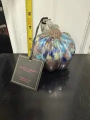 Christian Siriano New York Hand Blown Glass Art Pumpkin Blue, Purple Curly Stem