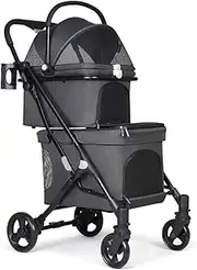 Pet Stroller Dog Stroller Cat Stroller Folding Travel Double Pet Stroller for 2 Dogs Cats 4 Wheels Dog Strollers with Detachable Carrier for Cats Dogs Dog Pram Dog Cat(Color:Black)