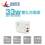 【ADATA 威剛】P33 33W USB-C/A 雙孔 PD快速充電器*(IPHONE 15/14/13/12/11 豆腐頭)