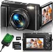 Digital Camera 4K, 48MP 16X Auto Focus Digital Zoom Camera, 3 Inch 180° Foldable LCD Screen, HD Compact Vlog Camera with Charging Station, 2 x 800 mAh Batteries, 32GB Card, Suitable for Beginners