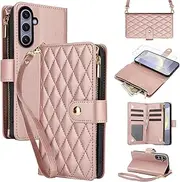 [Asuwish] Mobile Phone Case for Samsung Galaxy S24 Plus S24+ 5G, Case with Strap, Film, Protective Film, Card Slot, Foldable, Leather Wallet, Stand, S24plus 24S, S 24 + 24+, Mobile Phone Case, Rose Gold