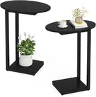 Hosfais Small Side Table End Table, C-Shaped Wood Coffee Oval 2 Pcs, Black