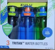 ZULU Tritan Water Bottles 3-Pack Gray, Black, Green 16 oz each.