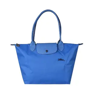 【LONGCHAMP】LONGCHAMP刺繡LOGO撞色設計尼龍長提把拉鍊摺疊手提包(小/水藍x深藍)