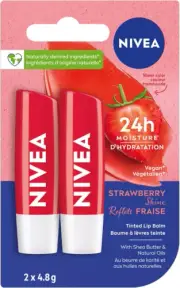 NIVEA Strawberry Shine Lip Balm 2x4.8g Shimmery Red Tinted Lip Care 24H Hydra