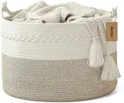 DelSol Large Blanket Basket Woven Wicker Nursery Cotton Rope Baskets for Storage Pillows Clothes Toy Organizer Hamper with Handle (Beige & White)