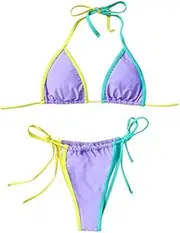 [YANYUESHOP] Patchwork Thong Micro Bikinis Women Sexy Bandage Bikini Set Push Up Padded Brazilian Swimwear High Waist Beachwear Swimsuit (Color : Purple, Size : Medium)