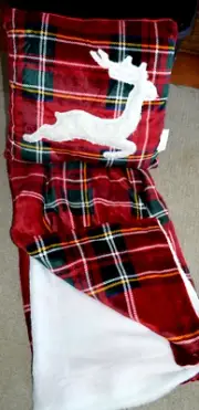 CHRISTMAS FLEECE SHERPA BLANKET & THROW PILLOW RED PLAID REINDEER WINTER NEW