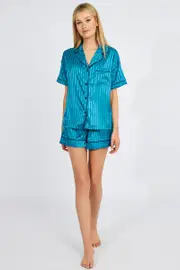 Blue Stripe Pyjama Set Stripe Satin Jacquard Navy Piping PJ - Size L, Women's Satin Set