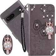 [CCSmall] for Google Pixel 7a Wallet Case for Women, Glitter Bling Diamond PU Leather Folio Cover with Card Slot & Wrist Strap Phone Case for Google Pixel 7a Owl Grey