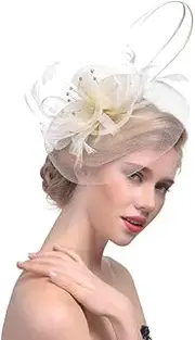 [COMVIP] Women Vintage Cocktail Party Mesh Feather Hair Clip Accessory Off White