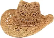 [Generic] Womens Summer Straw Cowboy Hats Mens Hand-Woven Hat Breathable Hollow Out Style Roll Up Brim Beach Sun Hat for Ladies