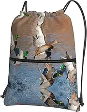 EdWal Mallard Ducks Print Drawstring Backpack Gym Bags Sports Bags With Zipper Pocket For Travel Beach, Black, One Size