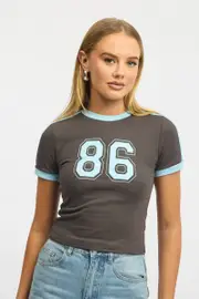 Grey Graphic Tee Short Sleeve Contrast Binding - Size S, Women's Graphic Tee