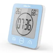 Shower Clock Waterproof Bathroom Clock with Suction Cup LCD Display Humidity Temperature Wall Clocks Countdown Timer (Blue)