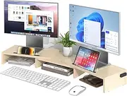 Ufurniture Dual Monitor Stand Riser Wood Adjustable Computer Monitor Riser with Phone Holder and Cable Management Wood