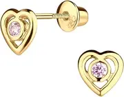 [Cherished Moments] Girl's 14K Gold-Plated Heart Earring with CZs and Screw Back Hypoallergenic Studs for Babies, Toddlers, and Kids