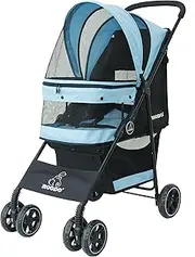 ROODO 4 Wheel Dog Cat Pet Stroller Best Lightweight Foldable Compact Portable Jogger All Terrain Travel Pet Gear Puppy Doggie Bunny Kitty Stroller for up to 30lbs Medium Small Dogs Cats(Sky Blue)