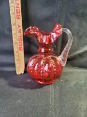 Fenton Art Glass Ruby Applied Handle Beaded Melon Pitcher