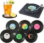 Miss Rui Vinyl Record Coasters with Player Holder, Set of 6 Non-Slip Cool Disk Mats Retro Coasters for Drinks Bar Gifts Music Lovers