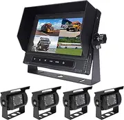 Elinz 7" Waterproof Monitor HD 12V/24V Quad Splitscreen 4X Reversing CCD Camera 4X 10m Advanced 4PIN Cable Mining Vehicle Truck Boat 800x480, Sunshade, 120 Degree, 600TVL, IR LED Night Vision, IP69