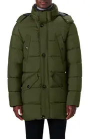 Bugatchi Faux Fur Collar Water Repellent Puffer Coat in Olive at Nordstrom, Size Medium