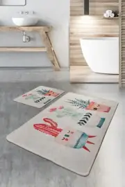 Bathroom Rugs Set 2 Pieces, Non Slip, Machine Washable, Digital Print (Cactus)