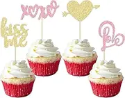 HIFANMM 24Pcs Valentines Day Cupcake Toppers Shiny Love Heart Cake Topper Pink Red Glitter Cake Picks Party Activities Valentines Wedding Party Cake Decoration Supplies (Style 2)