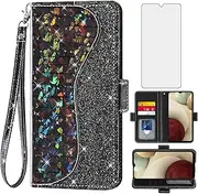 Asuwish Phone Case for Samsung Galaxy A12/M12 Wallet Cover with Screen Protector and Wrist Strap Flip Card Holder Bling Glitter Stand Cell Glaxay A 12 5G Gaxaly A-12 S12 12A 4G Women Girls Black