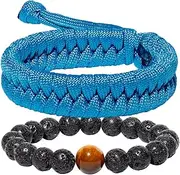 [JEWEVER] 2Pcs Paracord Bracelets Lava Stone/Tigers Eye Bead Bracelet Set Stackable Bracelets for Women and Men