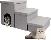 Uandhome Dog Stairs for Bed with Storage,Foldable 3-Step Pet Stairs for Small Dogs,Large Dogs & Cats,Soft Plush for Join Pain with Condo,Non-Slip Balanced Ramp for Climbing Couch,High Bed,Car(Gray)