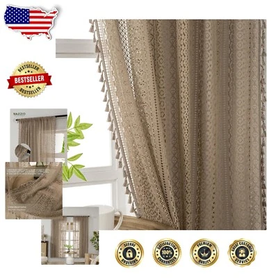 Taupe Crochet Lace Drapes - Elegant 63 Inch Semi-Sheer Curtains for Living Room