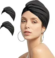 2pcs Women Turban Style Swimming Cap Pleated Fabric Swim Pool Beach Surfing Bathing Cap Elastic Ears Protection Shower Cap Soft Cross Beanie Cap Chemo Night Sleep Hat Solid Color For Long Short Hair