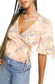 Topshop Floral Wrap Front Short Sleeve Tie Blouse Top Size 2 NWT