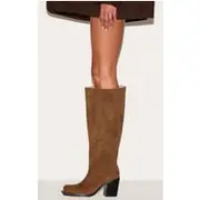 Tan Faux Suede Square Toe High Block Heel Knee High Boots, Tan