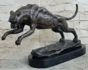 Signed Large Bugatti Mountain Lion Bronze Sculpture Marble Base Figurine Artwork
