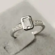 2Ct Emerald Cut Simulated Diamond Solitaire & Accent Ring 14K White Gold Plated