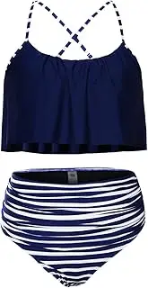 [Little Hand] Womens Retro Boho Flounce Thin Shoulder Straps High Waist Bikini Set Chic Swimsuit