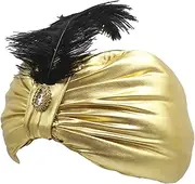 [GEDOX] Turban Cap Headband - metalic Turban - Sultan Aladdin Arab Vintage Headwear - Novelty Arabian Costume Accessory With Feather Gem For Adults Teens Men & Women, Halloween Easter