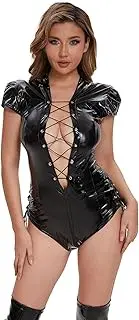 [xokesy] Women Shiny Leather Bodysuit, Sexy Open Crotch, Hot Breast Exposed, Glossy PVC Leather Leotard Crotchless