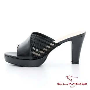 【CUMAR】鏤空排鑽防水台高跟涼拖鞋-黑