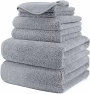 Polyte Plush Quick Dry Lint Free Microfibre Bath Towel Set, 6 Pieces (Grey)