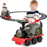HONEY JOY Ride on Train Track, 6V Electric Ride on Train with Tracks, Storage Seat, Flashing Lights & Music, Backrest, Anti-tilt Device, Battery Powered Ride on Toys for Boys & Girls